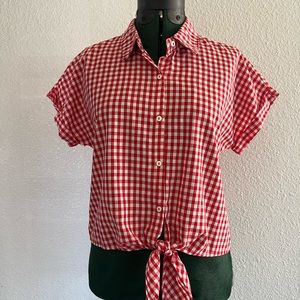 Red and white gingham button down shirt